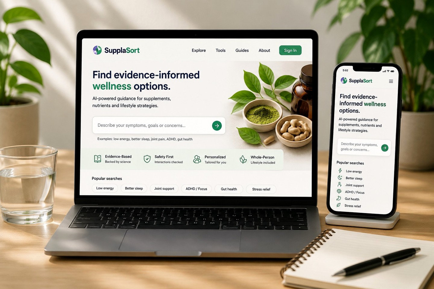 Wellness routine builder with supplements and healthy lifestyle scenes
